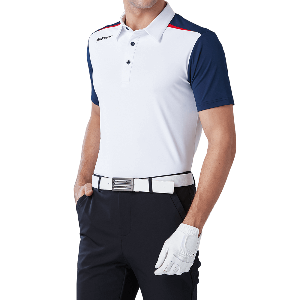 GoPlayer Men's Elastic Quick Dry Short Sleeve Top (White Body Blue Sleeves)