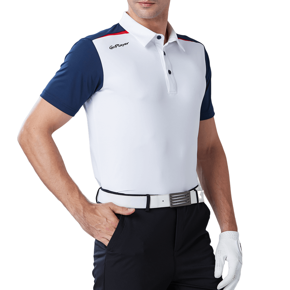 GoPlayer Men's Elastic Quick Dry Short Sleeve Top (White Body Blue Sleeves)