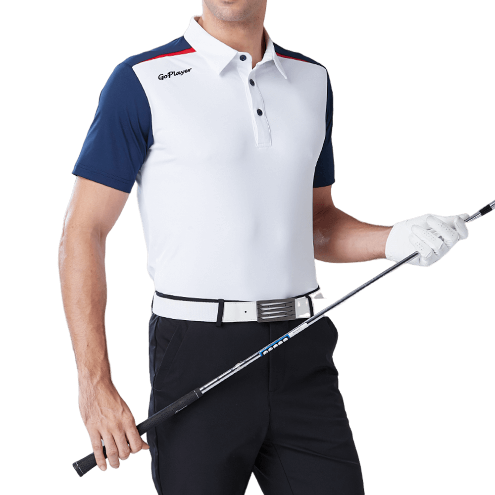 GoPlayer Men's Elastic Quick Dry Short Sleeve Top (White Body Blue Sleeves)