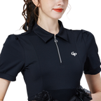 拉鍊翻領女短袖上衣(黑)