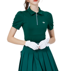 拉鍊翻領女短袖上衣(墨綠)