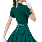 拉鍊翻領女短袖上衣(墨綠)