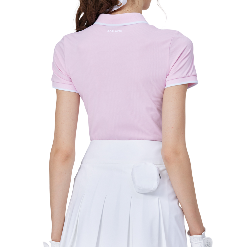 菱格緹花螺紋領女短袖上衣(粉紅)