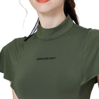 波浪袖立領女短袖上衣(軍綠)