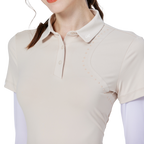 燙珠翻領絲光連袖短袖女上衣(卡其)