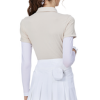 燙珠翻領絲光連袖短袖女上衣(卡其)