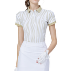 彩條翻領女短袖上衣(卡其)