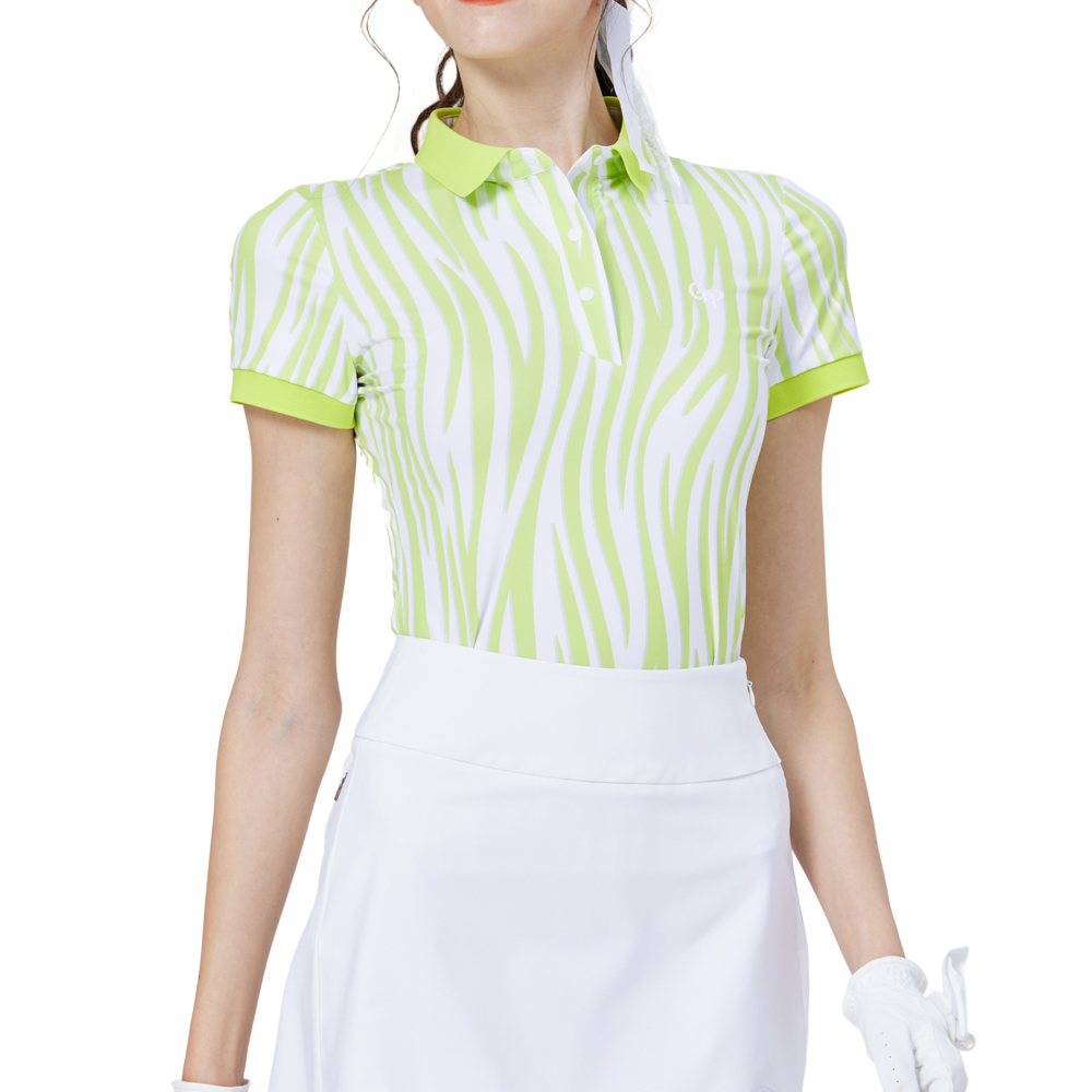 彩條翻領女短袖上衣(果綠)