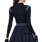 肩拼綫條防曬冰絲袖女上衣(黑)