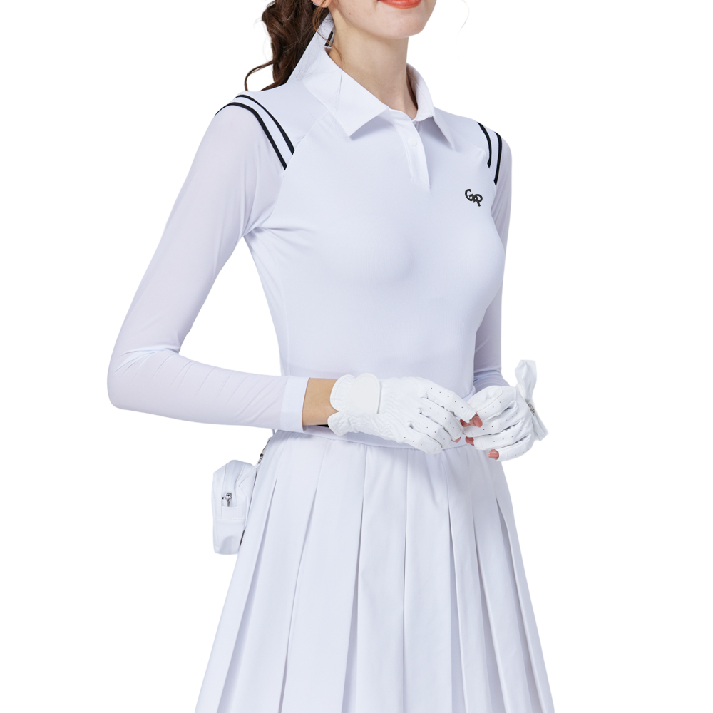 肩拼綫條防曬冰絲袖女上衣(白)