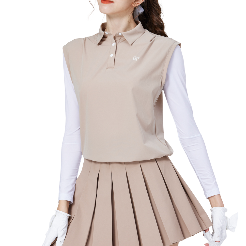 寬鬆版假兩件涼感女連袖無袖衣(卡其)