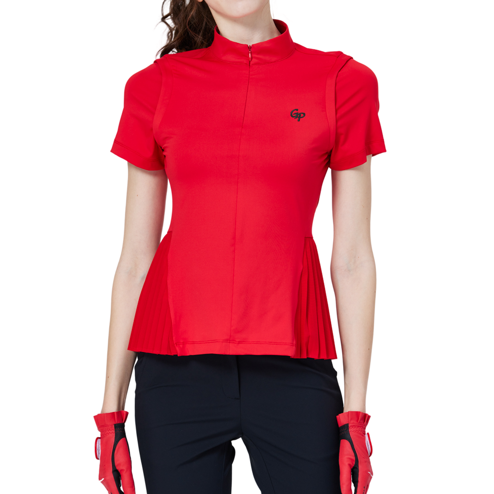 小百褶長版寬鬆女短袖上衣(紅)