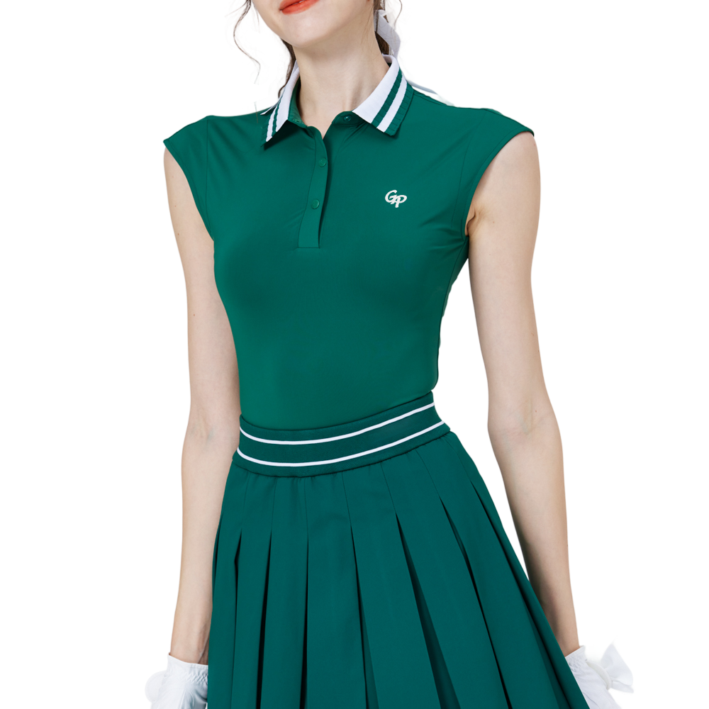 涼感收腰學院領女無袖上衣(墨綠)