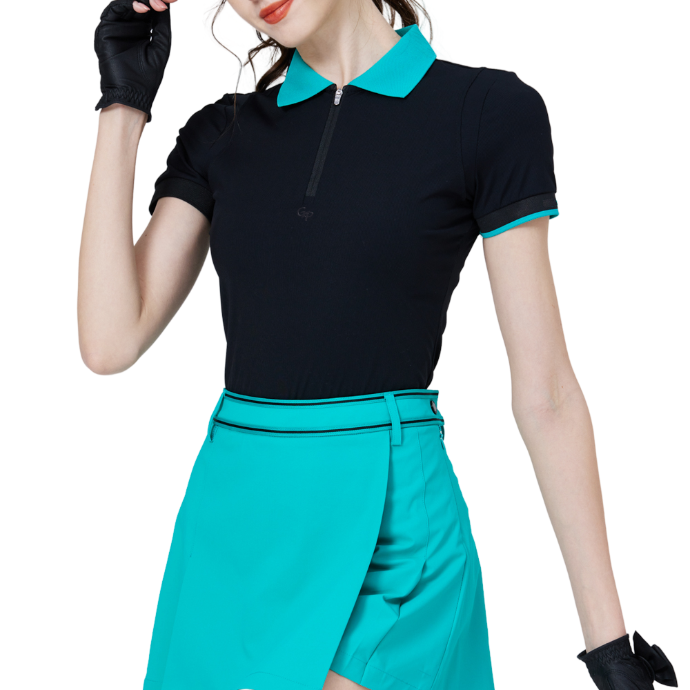 撞色領女短袖上衣(黑)