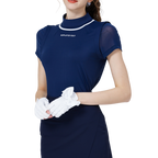 網紗袖圓領女短袖上衣(寶藍)