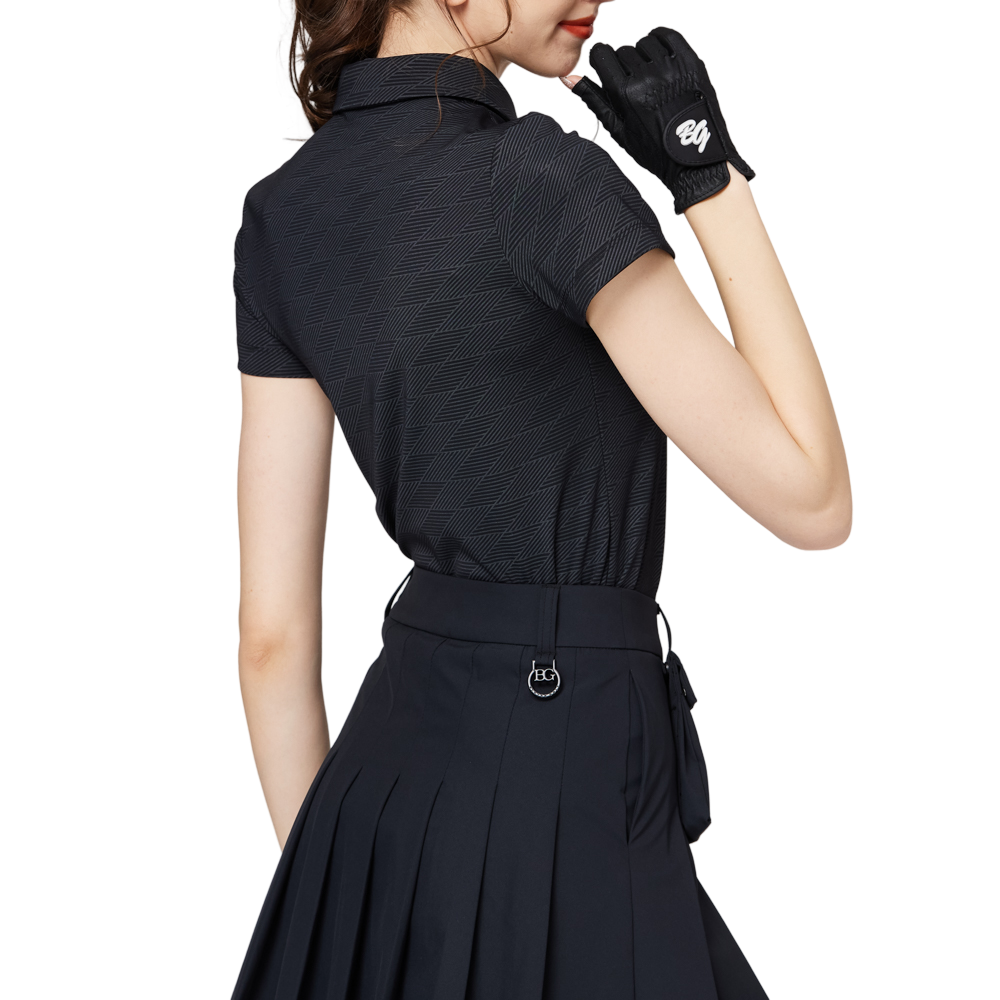 菱形提花翻領女短袖上衣