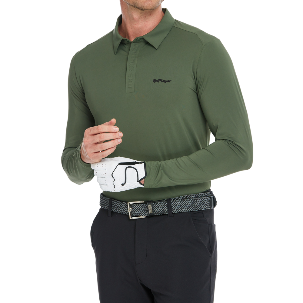 男涼感翻領長袖(軍綠)