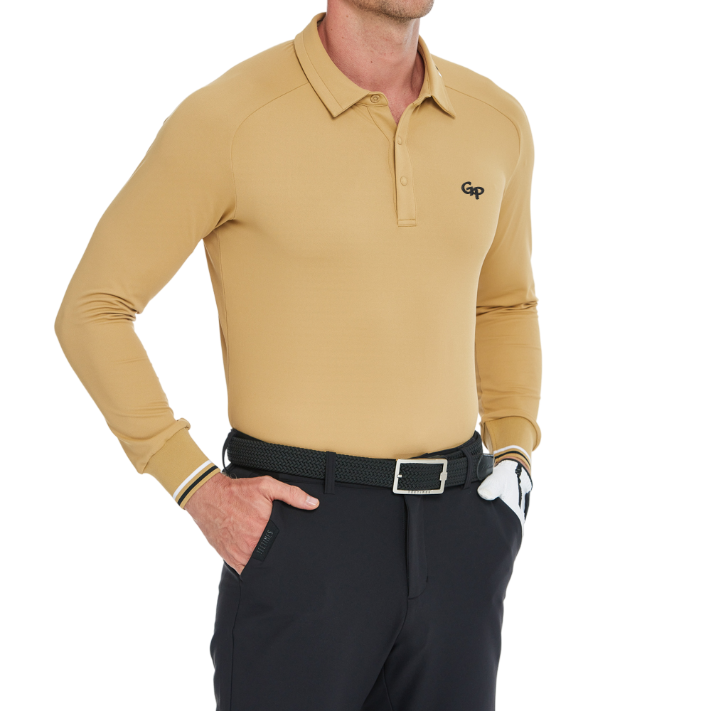 男柔光翻領長袖(陶黃)