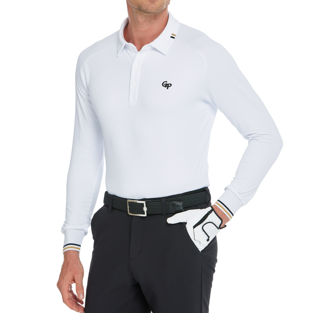 男柔光翻領長袖(白)