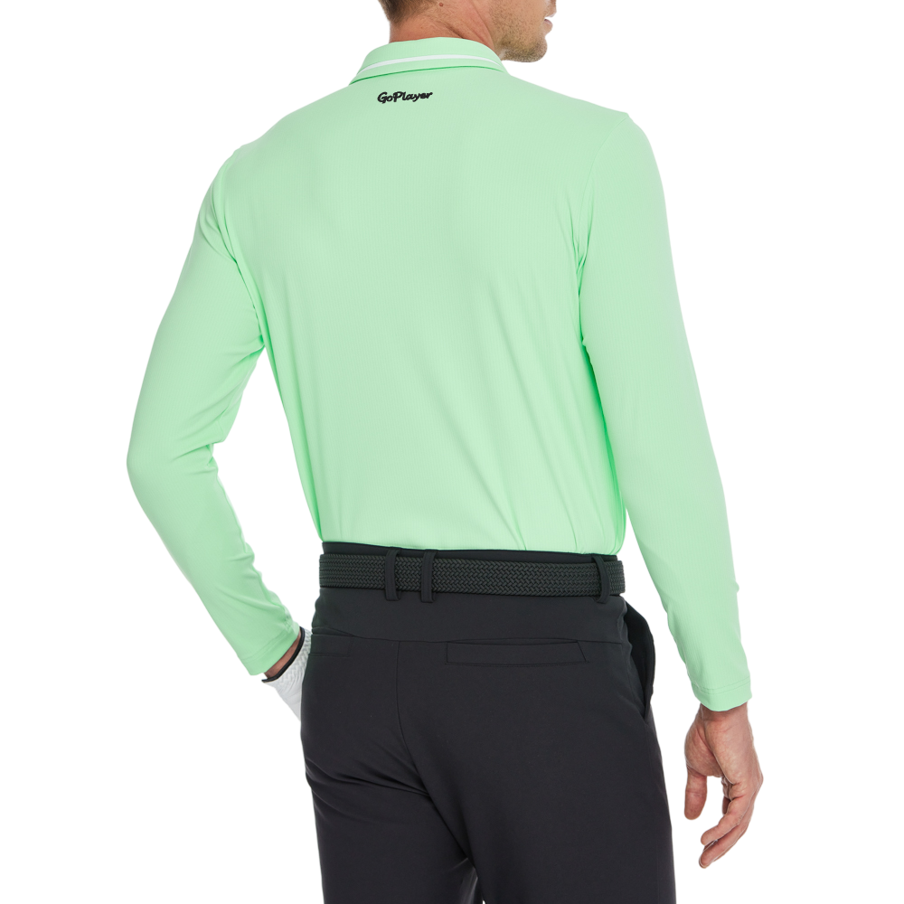 男棉感豎條翻領長袖(果綠)