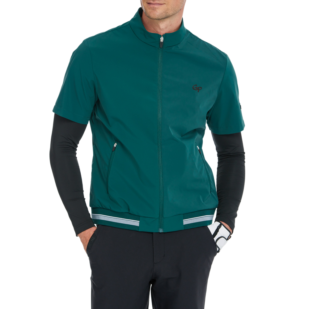 男輕薄防風防潑水半袖風衣(墨綠)